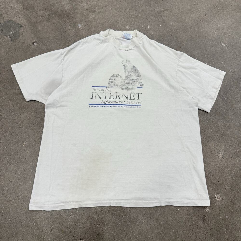 VINTAGE 90s MANAGING INTERNET HANDBOOK THRASHED CAT T SHIRT WHITE XL USA